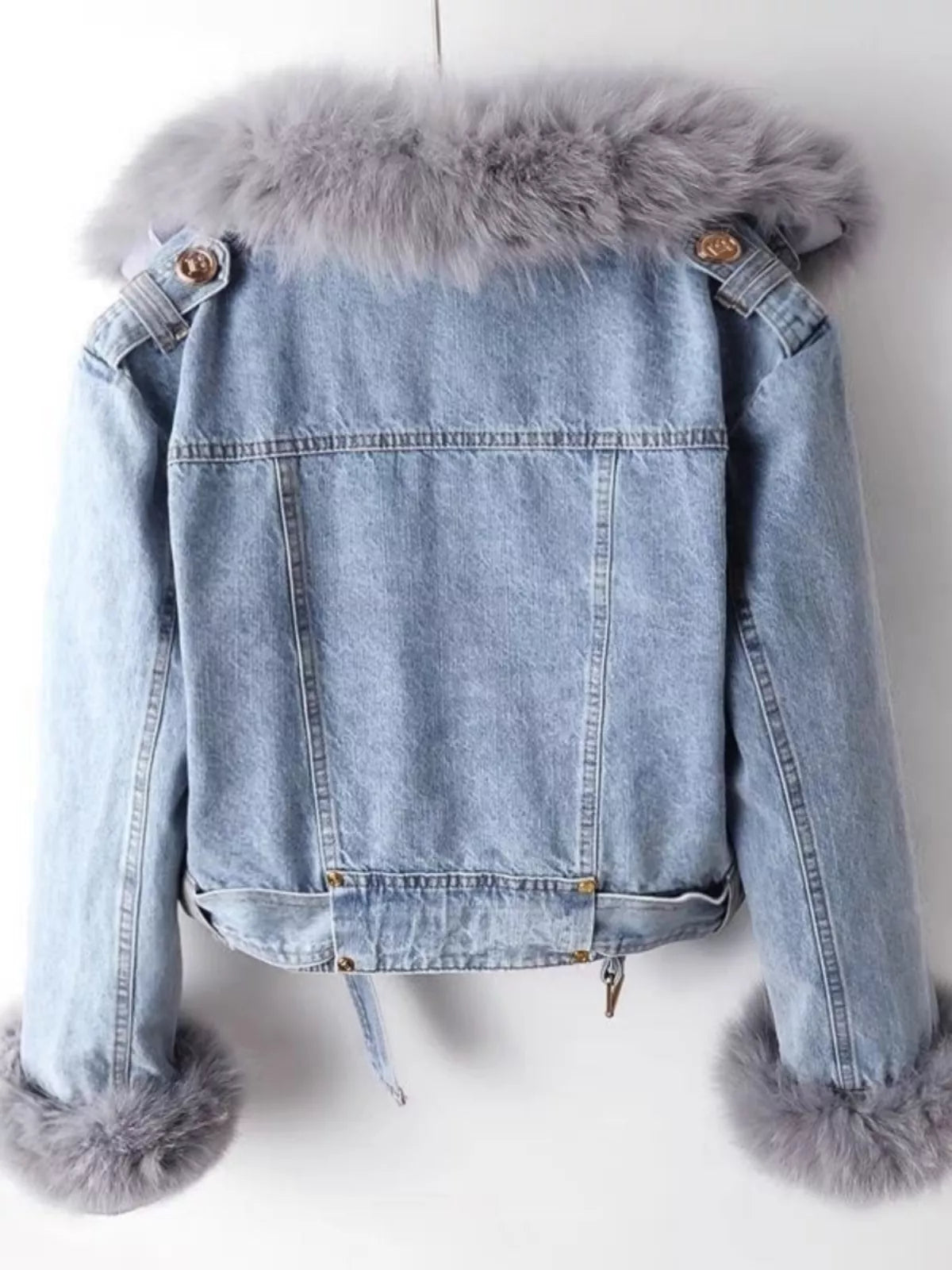 Detachable Faux Fox Fur Lined Denim Jacket for Women