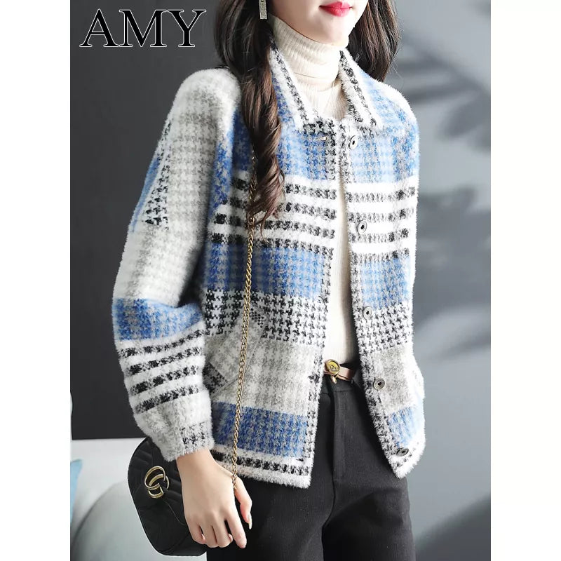 Short Plaid Faux Mink Fur Jacket for Women