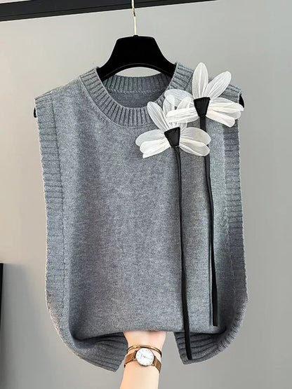 Beige Strickweste mit Blumenmuster für Damen