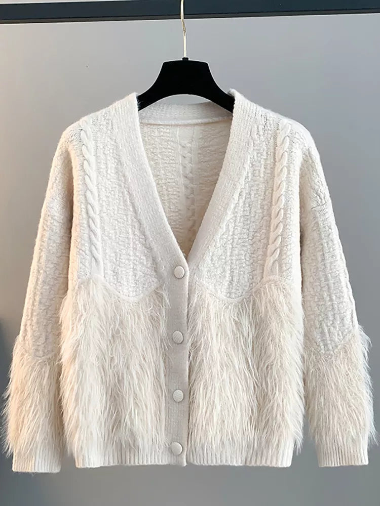 Beige V-neck Knit Cardigan for Women