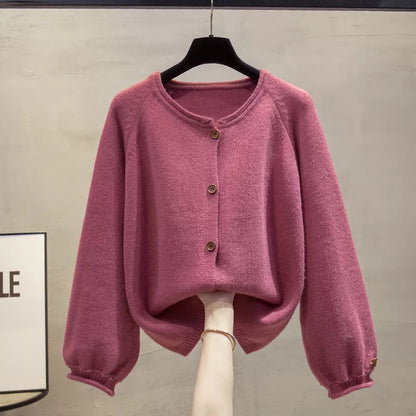 Cárdigan de punto con cuello redondo y botones en color liso para mujer