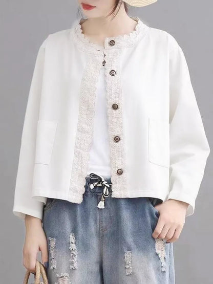 Schwarze, bestickte kurze Damenjacke aus Baumwoll-Denim