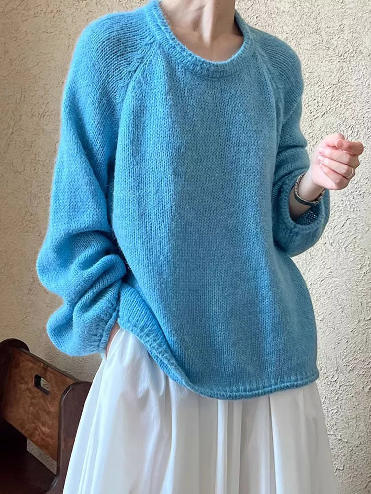 Suéter de punto holgado estilo coreano azul cielo para mujer