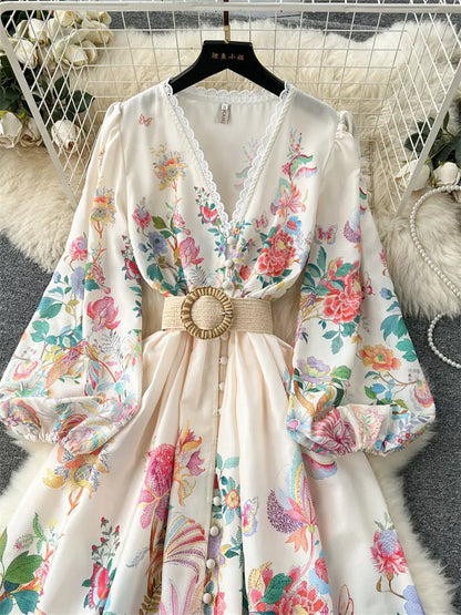 Maxikleid im französischen Stil mit V-Ausschnitt, Spitzenbesatz und Blumenmuster für Damen