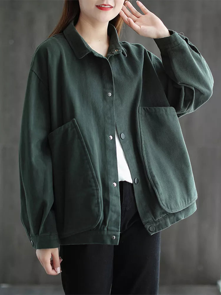 Chaqueta camisera elegante de talla grande con cuello y bolsillos grandes