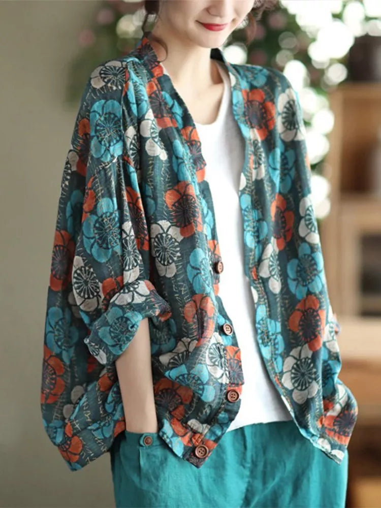 Camisa informal estampada de lino vintage azul para mujer 