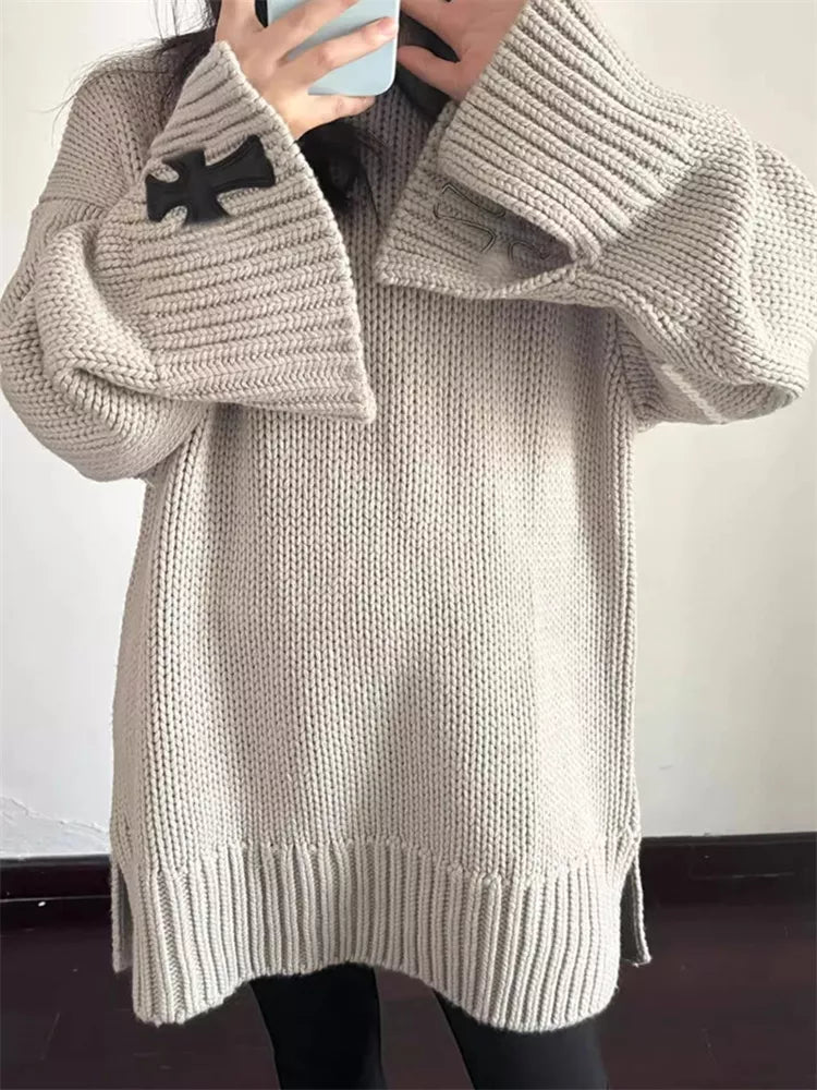 Koreanischer Vintage-Pullover mit gekreuzten Ärmeln für Damen