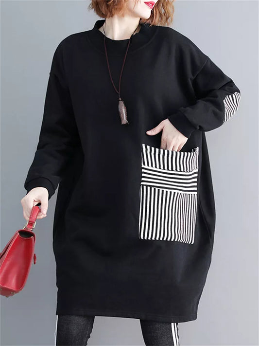 Black Loose Pullover Sweatshirt Dress for Women with Big Pockets