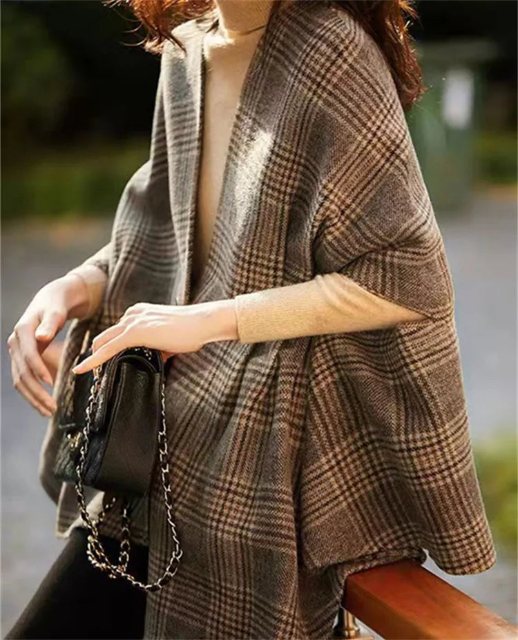 Vintage V-Ausschnitt Karo-Cape-Strickjacke für Damen