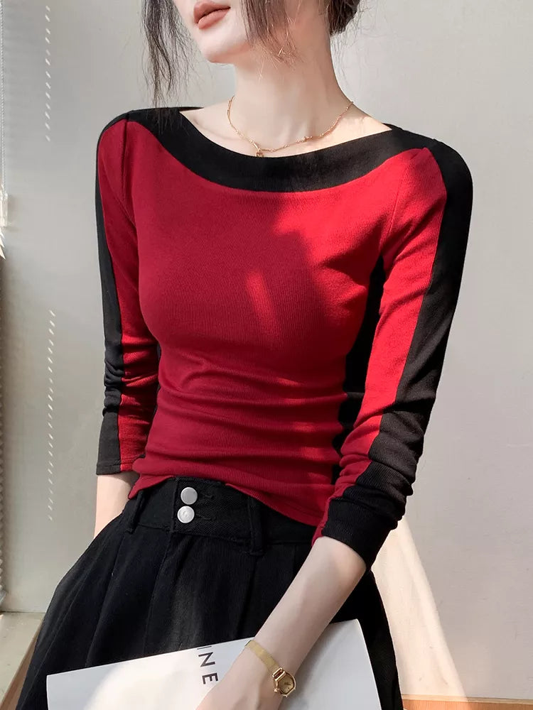 Top ajustado de manga larga con cuello oblicuo y bloques de color para mujer
