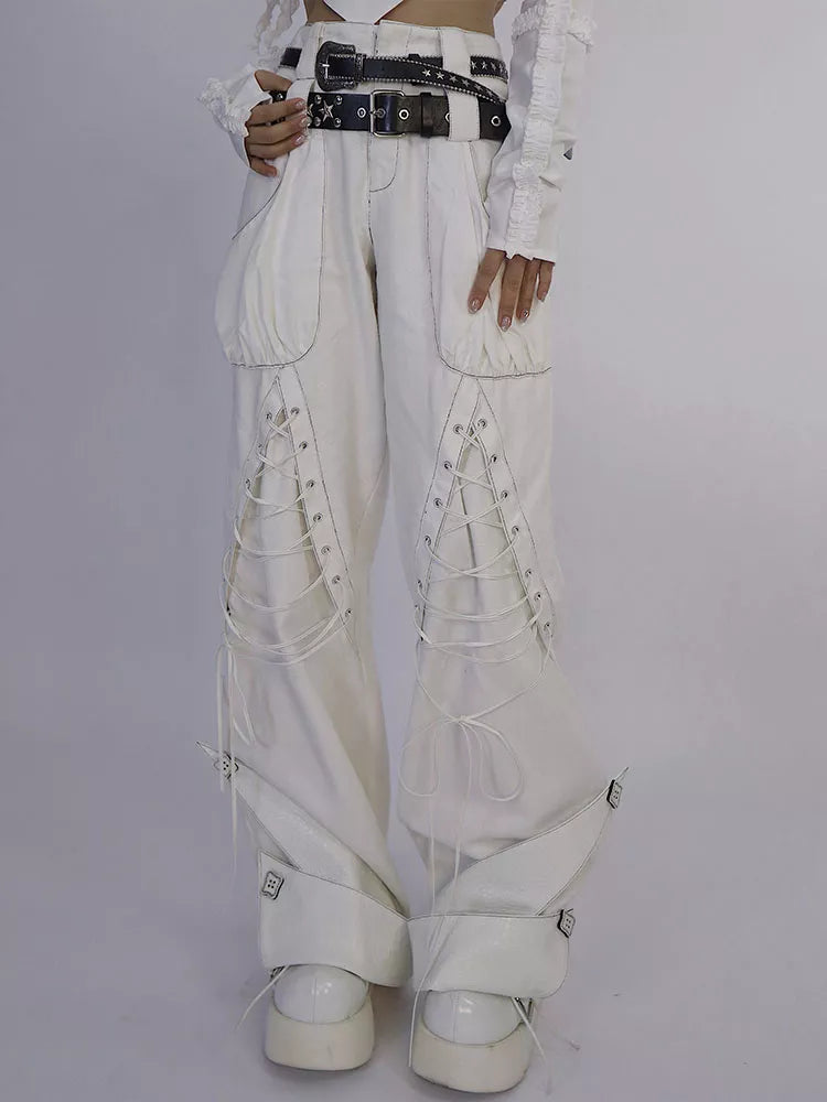 Pantalones vaqueros blancos góticos con cintura doble y lazo para mujer