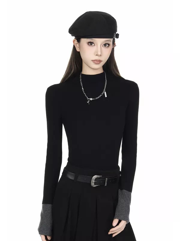 Vintage Black Mock Neck Patchwork Knit Sweater for Women