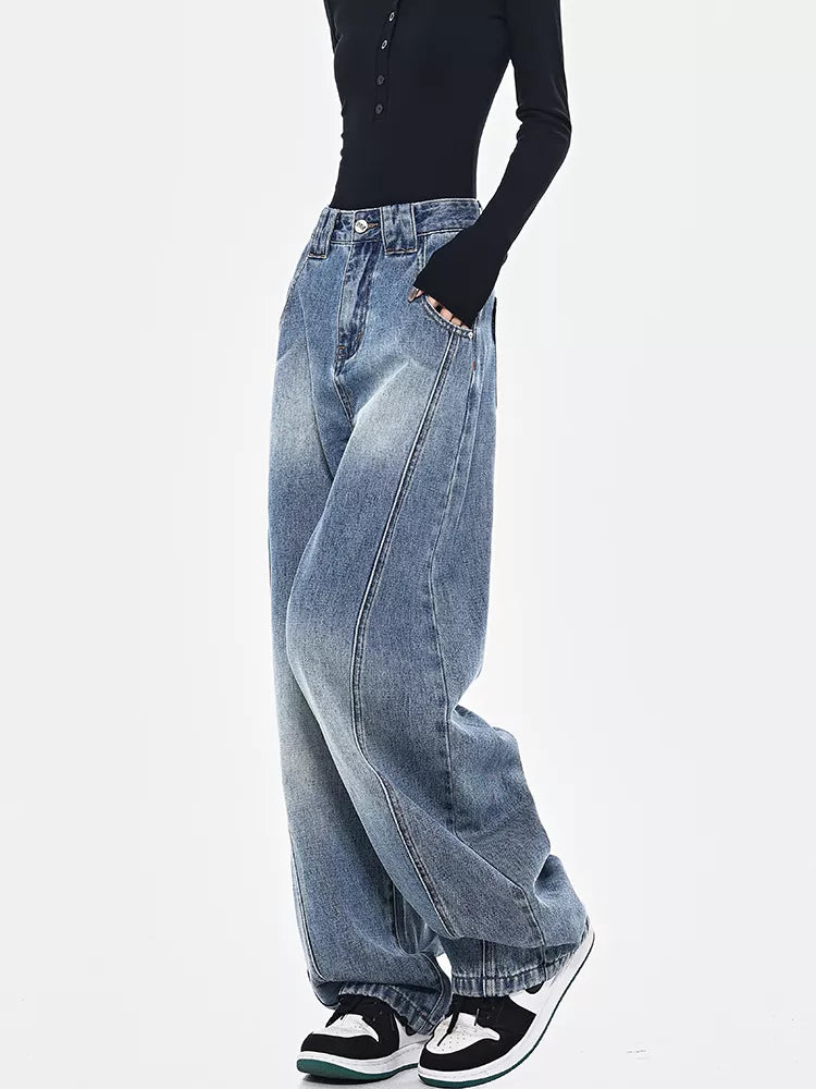 Vintage Deconstructed Curved Denim Wide-Leg Jeans for Women