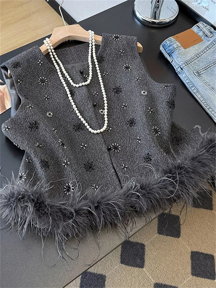 Black Mandarin Collar Faux Ostrich Fur Vest for Women