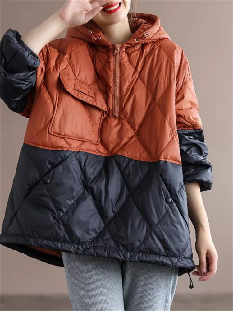 Loose Gray Colorblock Quilted Down Jacket with Hood for Women