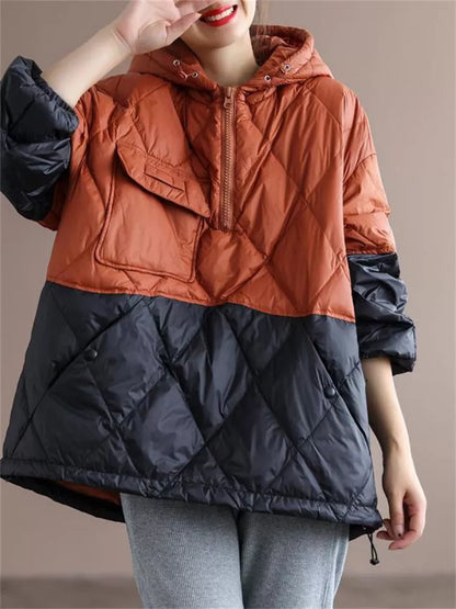 Locker geschnittene, graue Stepp-Daunenjacke mit Kapuze und Farbblockmuster für Damen