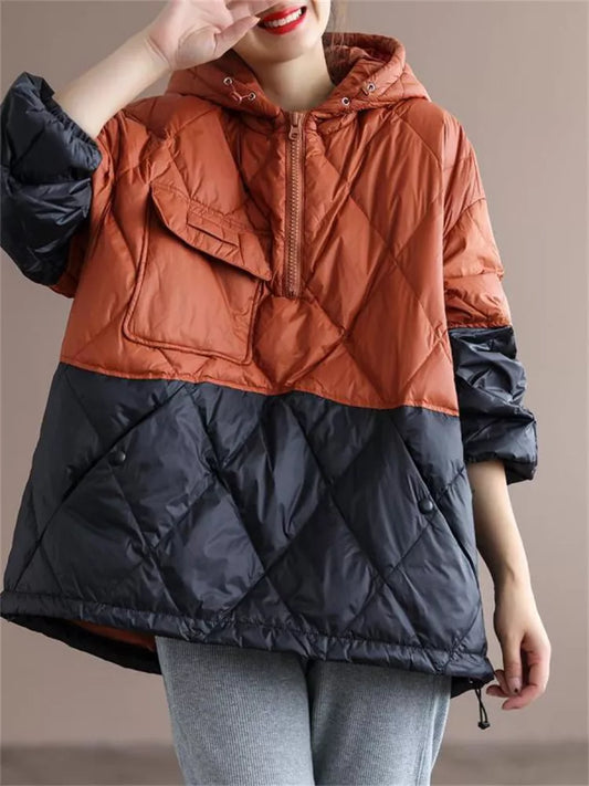 Loose Orange Colorblock Quilted Down Jacket with Hood for Women