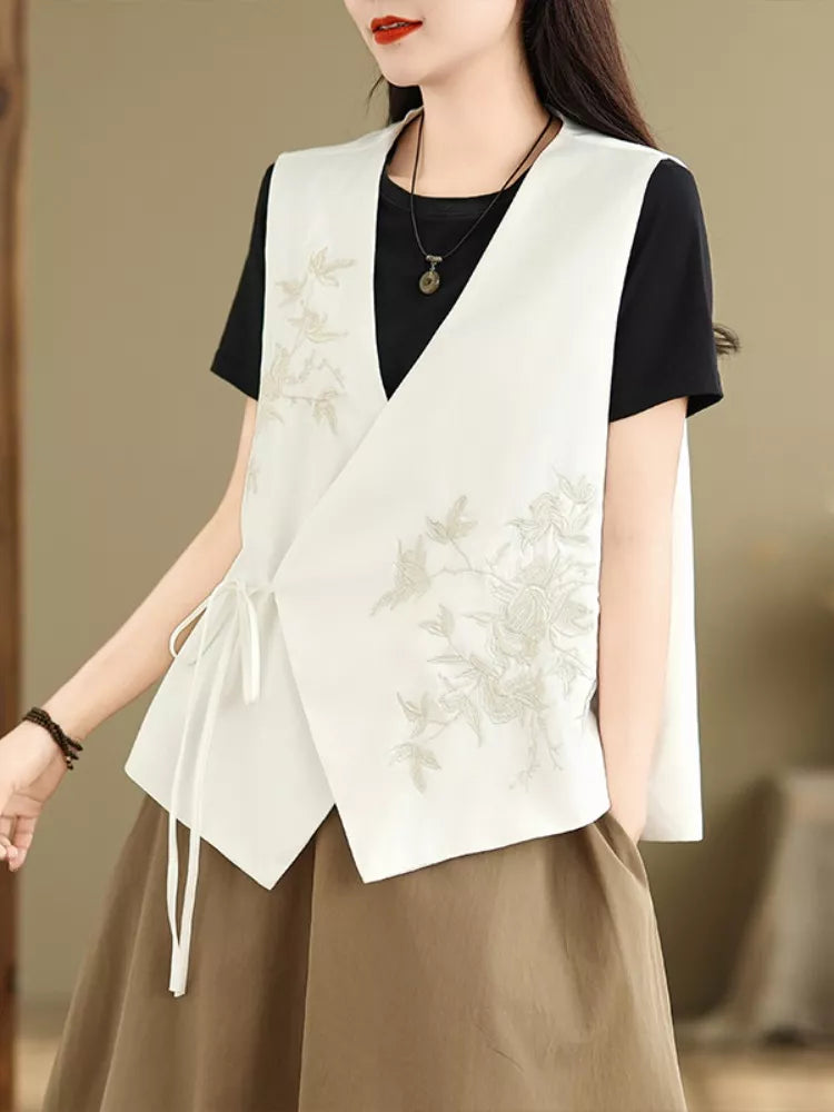 Vintage Embroidered V-Neck Short Vest for Women