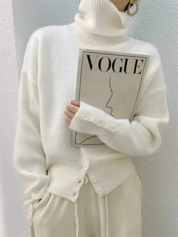 Women’s French Style High-Neck Pullover Sweater with Button Front Slit