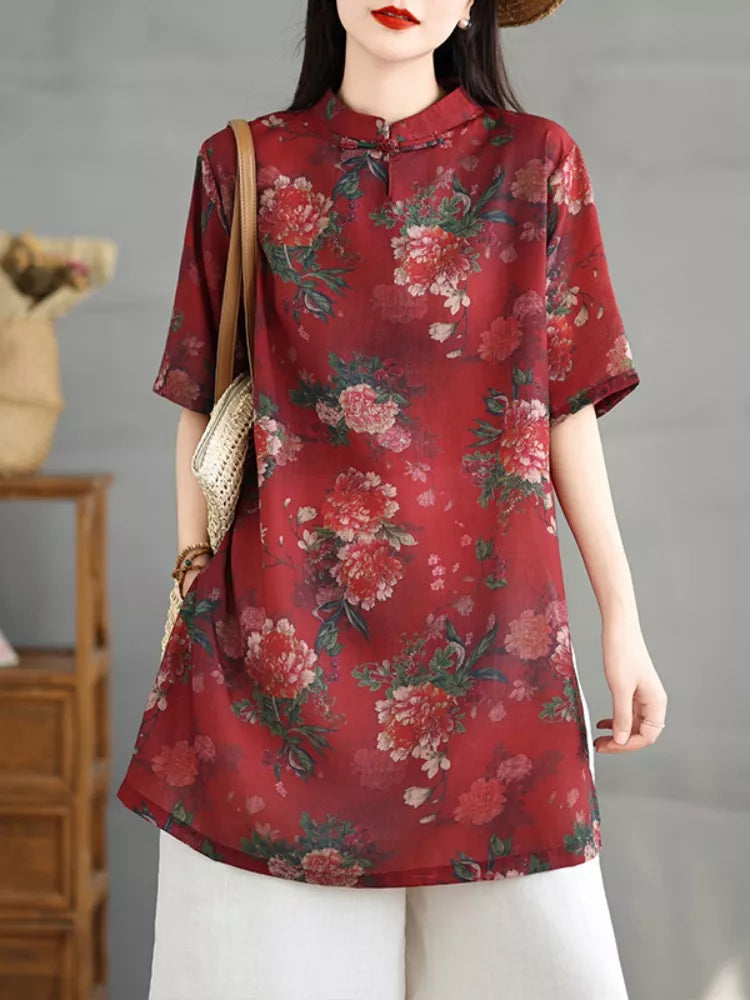 Camisa de lino y algodón con estampado de peonías rojas de estilo chino para mujer