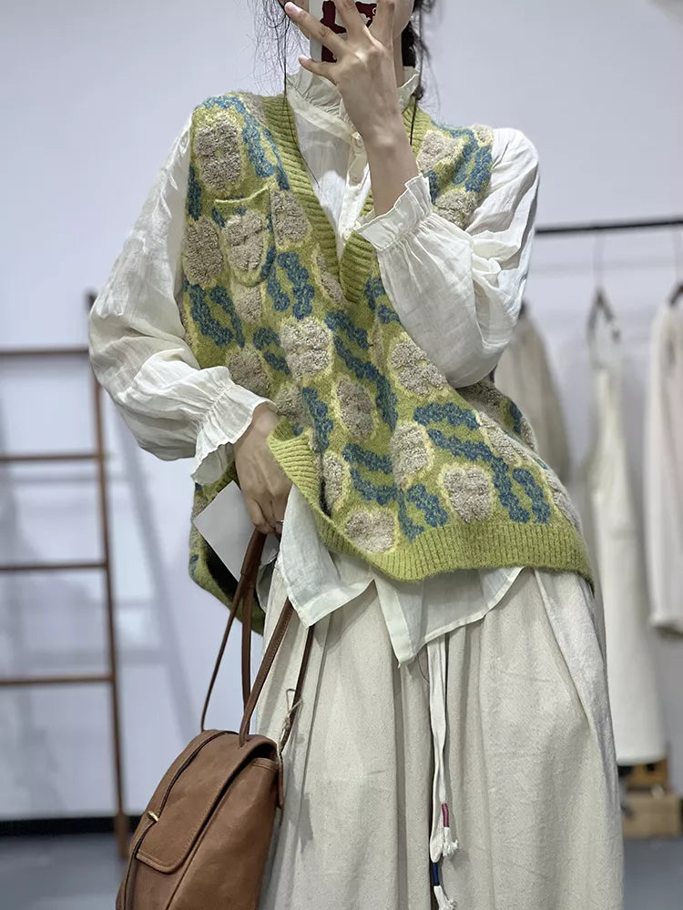 Vintage-Strickweste mit Jacquard-Muster und Farbblock-Design für Damen