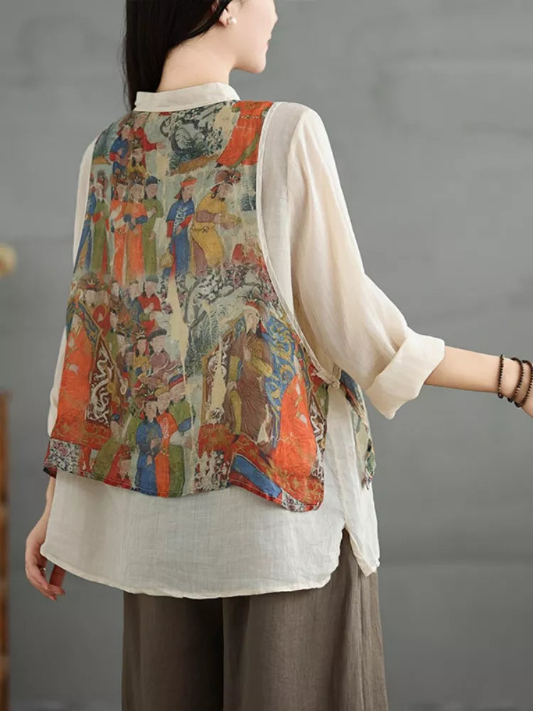 Chaleco bordado con cuello alto estilo chino y blusa de ramio con patchwork, dos piezas falsas