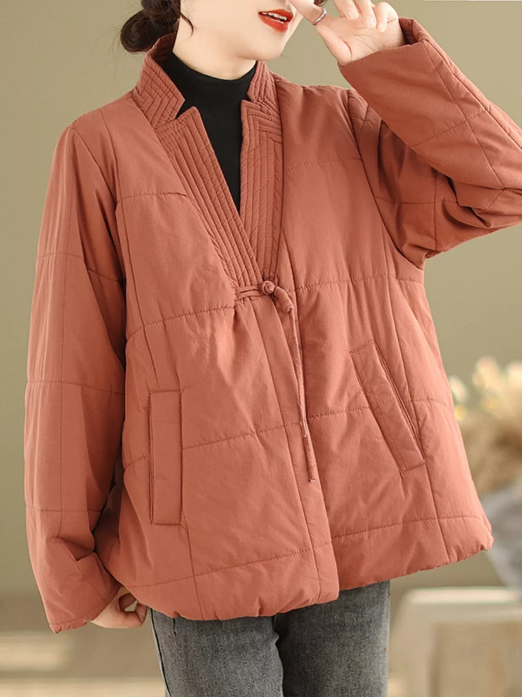 Vintage Chinese Style Hand-Finished Frog Button Padded Jacket for Women