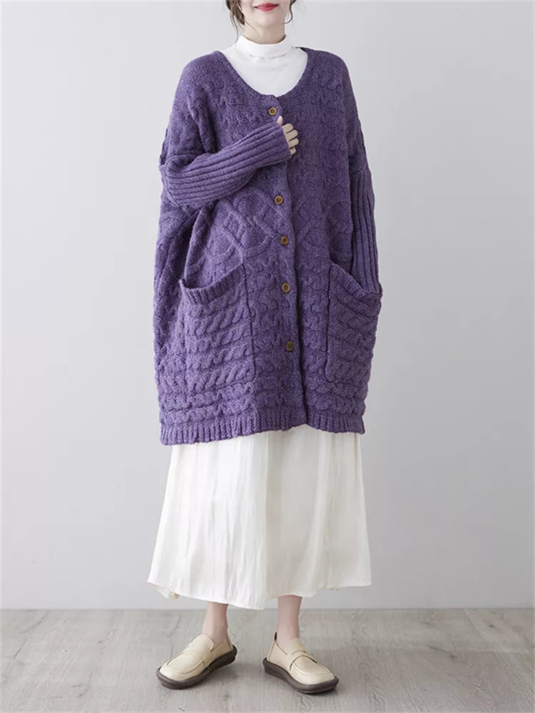 Cárdigan de punto morado de talla grande para mujer