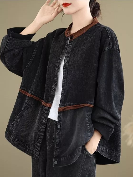Chaqueta vaquera vintage azul de talla grande con botones y cuello alto para mujer