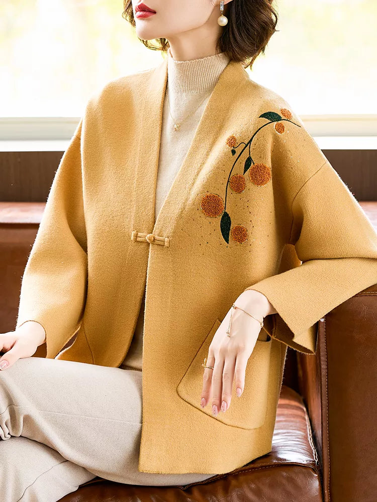 Cárdigan de punto con estampado amarillo de moda para mujer con botones tradicionales de rana