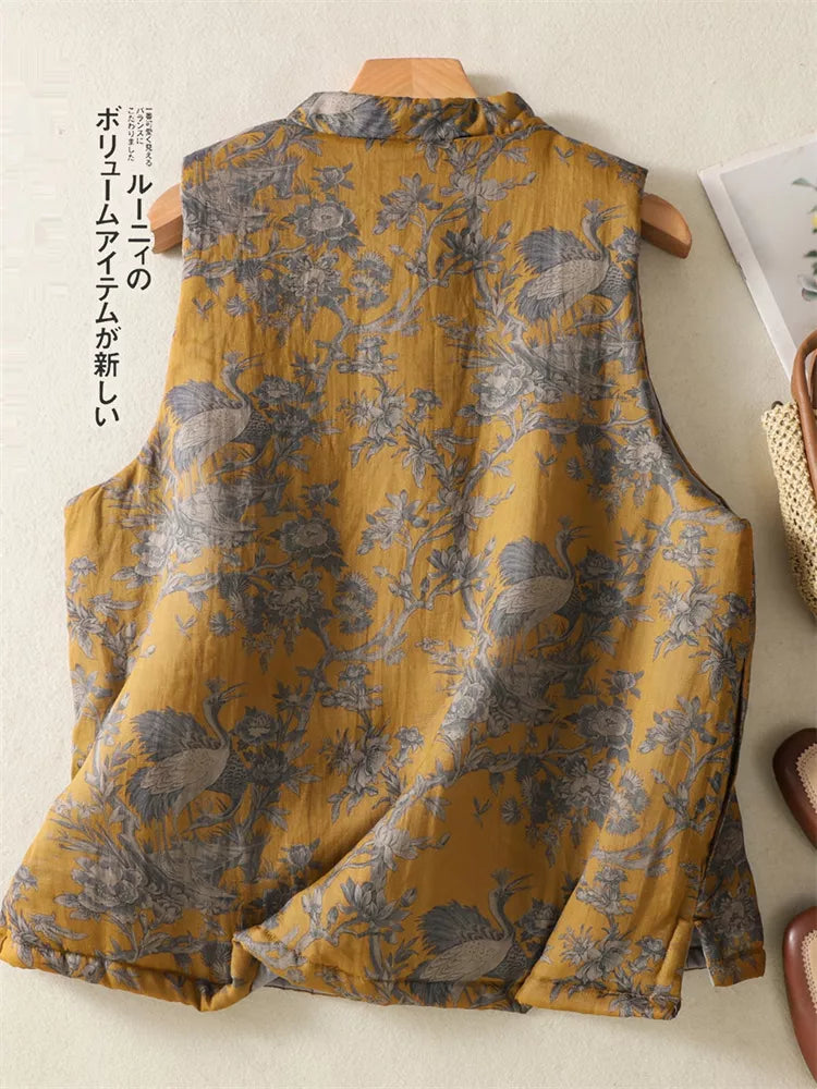 Gesteppte Weste im orientalischen Stil mit Blumenmuster - Zen-Baumwollweste mit Stehkragen