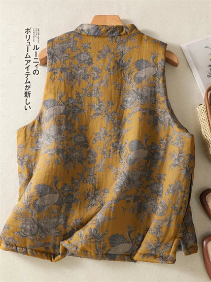 Gesteppte Weste im orientalischen Stil mit Blumenmuster - Zen-Baumwollweste mit Stehkragen