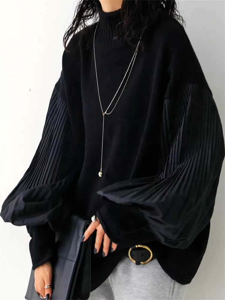 Suéter de cuello alto plisado con mangas farol para mujer - Jersey de punto de técnica mixta