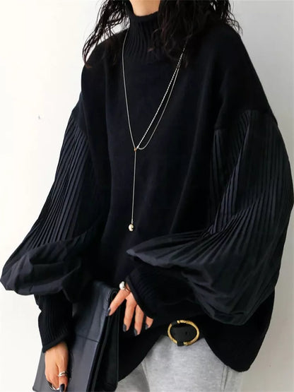 Suéter de cuello alto plisado con mangas farol para mujer - Jersey de punto de técnica mixta