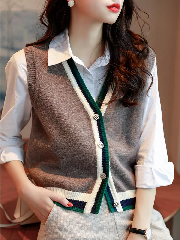 Women's V-Neck Button Down Knit Vest - Preppy Striped Trim Sleeveless Cardigan