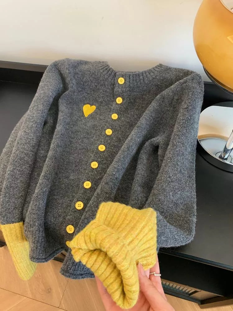 Women's Soft Contrast Color Block Knitted Cardigan with Heart Accent