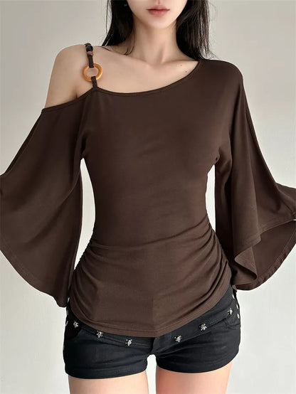 Women's Brown Asymmetric One-Shoulder Ruched Top with Ring Detail and Bell Sleeves