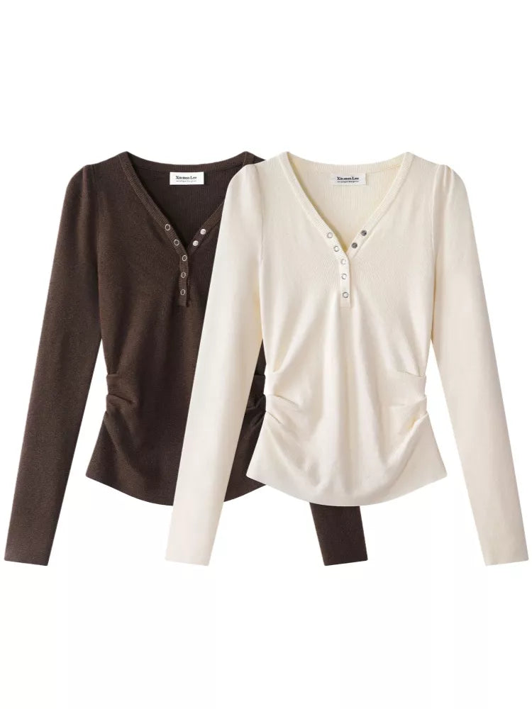 Dark Gray Sweet-Chic V-Neck Slim Knit Top for Women