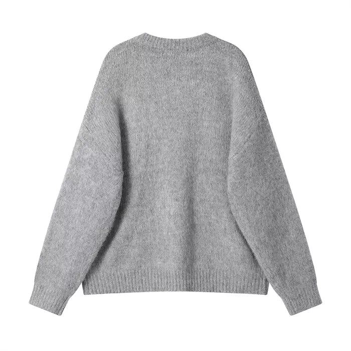 Women's Gray Fuzzy Knit Sweater with Abstract Zebra Graphic