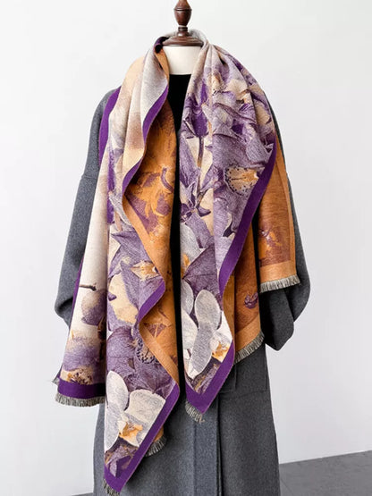 Women's Vintage Purple Floral Jacquard Elegant Double-Sided Cashmere-Feel Shawl Wrap