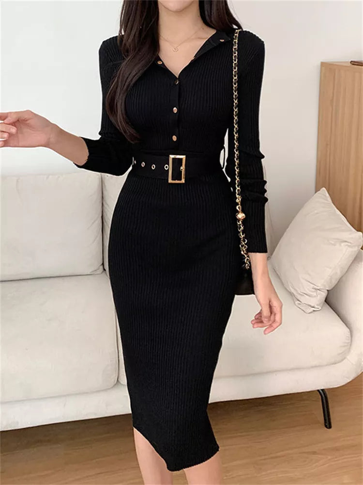 Women's Grey Ribbed Bodycon Long Sleeve Button Down Sweater Dress with Belt