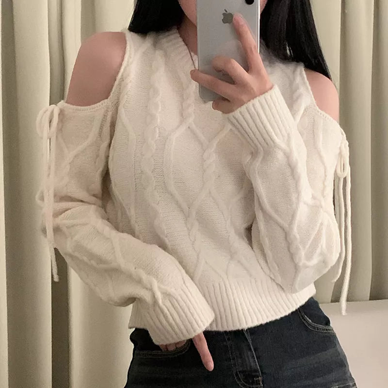 Women's Vintage Burgundy Cold Shoulder Cable Knit Sweater Ribbon Lace-Up Sleeve