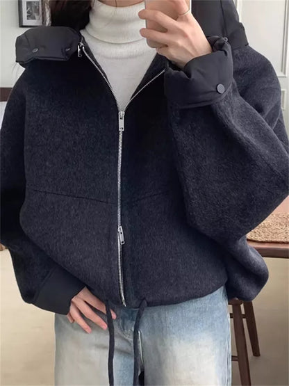 Women's Coffee Brown Woolen Zip-Up Short Jacket with Detachable Hooded Insert