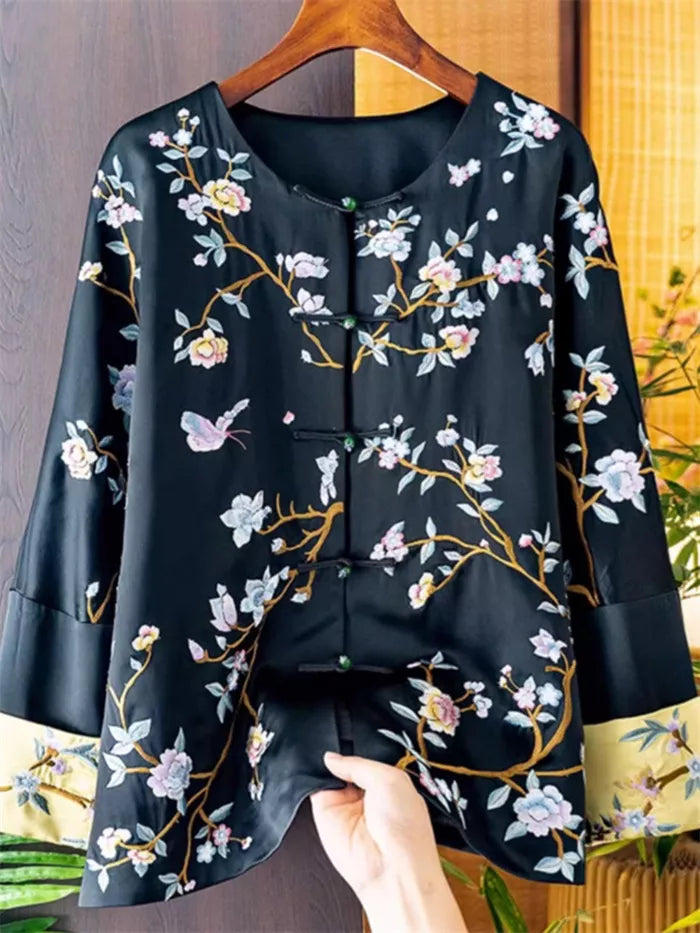 Women's Vintage Green Chinese Style Floral Embroidered Satin Blouse Traditional Zen Frog Button Jacket