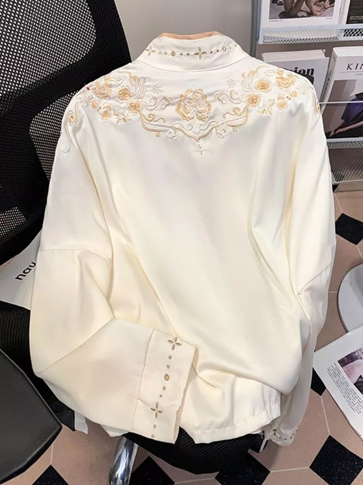 Women's Elegant White Embroidered New Chinese Style Gold Floral V-Neck Blouse