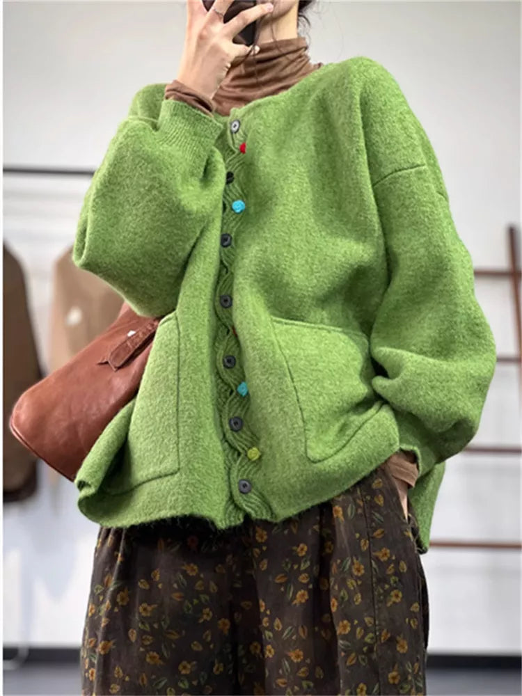 Women's Vintage Green Wool Blend Cardigan with Cute Colorful Buttons and Wavy Placket