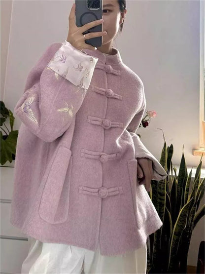 Women's Lilac Purple Faux Wool Chinese Style Coat