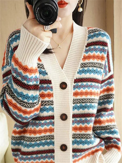 Women's Korean Style Oversized Geometric Striped Cardigan Thick Cashmere Blend V-Neck Knit Sweater Coat