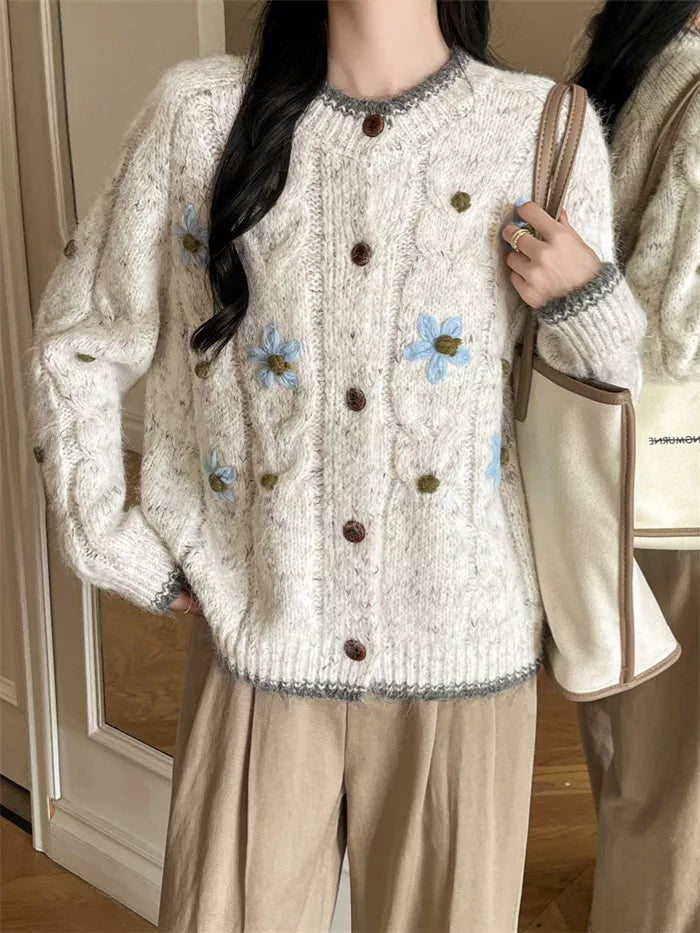Women's Cream Cable Knit Cardigan with Blue Floral Embroidery