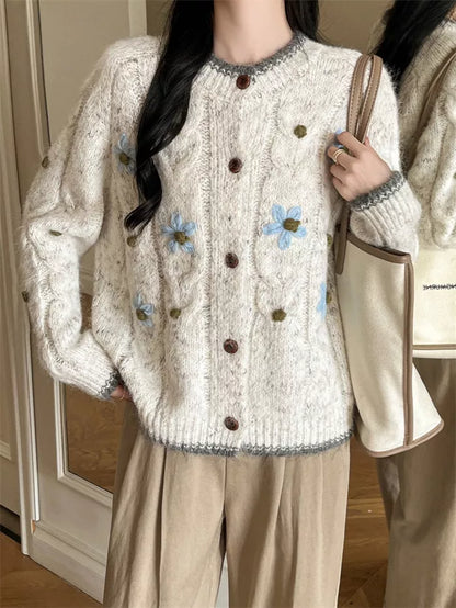 Women's Cream Cable Knit Cardigan with Blue Floral Embroidery